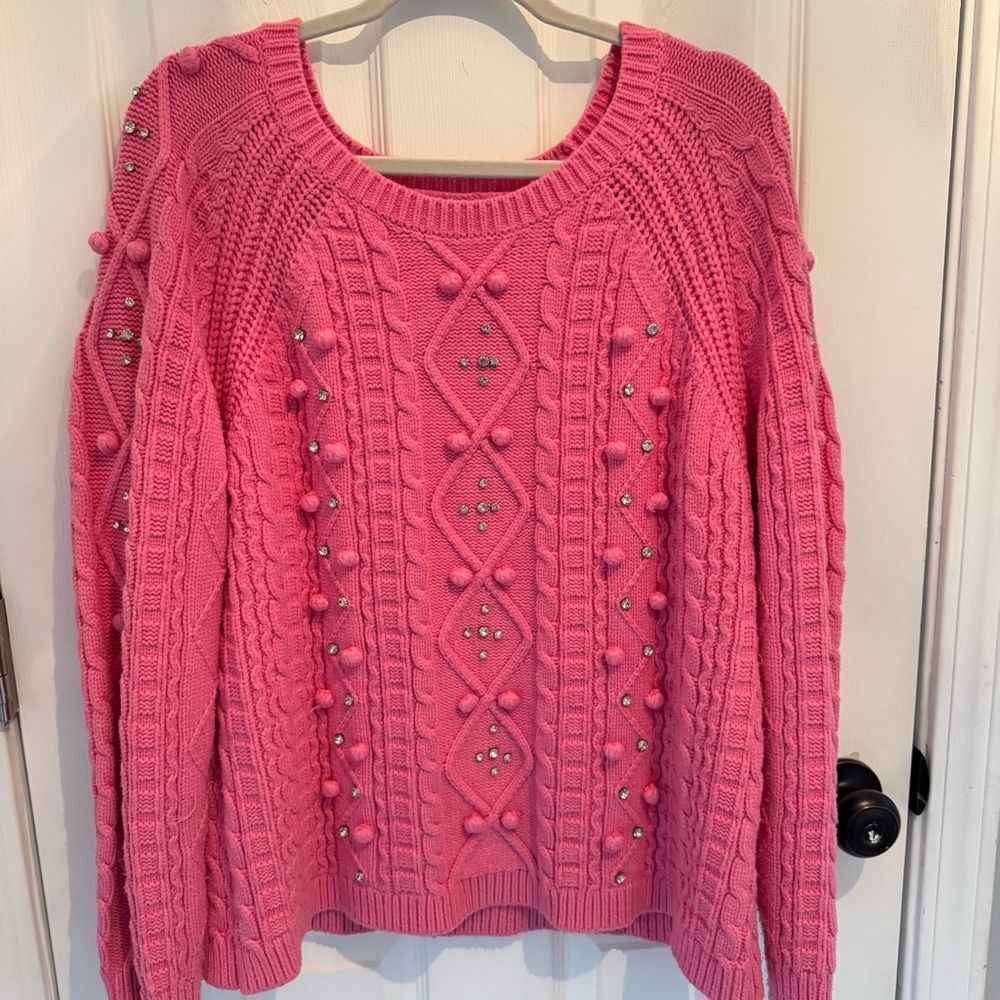 Boston Proper Embellished Cable Pullover Sweater Pink Carnation Size XL - Picture 2 of 8